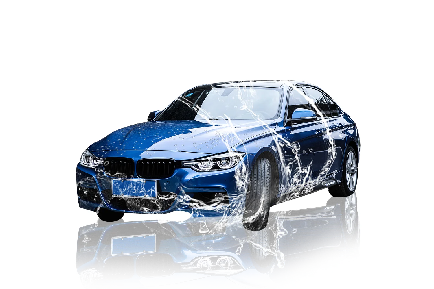 Clean blue car with water splash at Seal Shine Express Car Wash Garden Grove