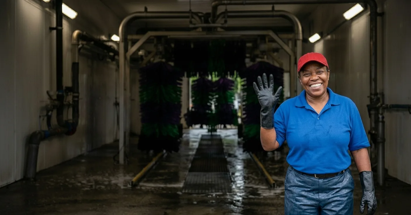 Friendly car wash team member waving