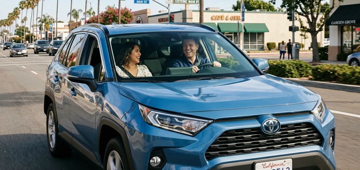 Couple smiling inside car at Seal Shine Express Car Wash in Garden Grove CA
