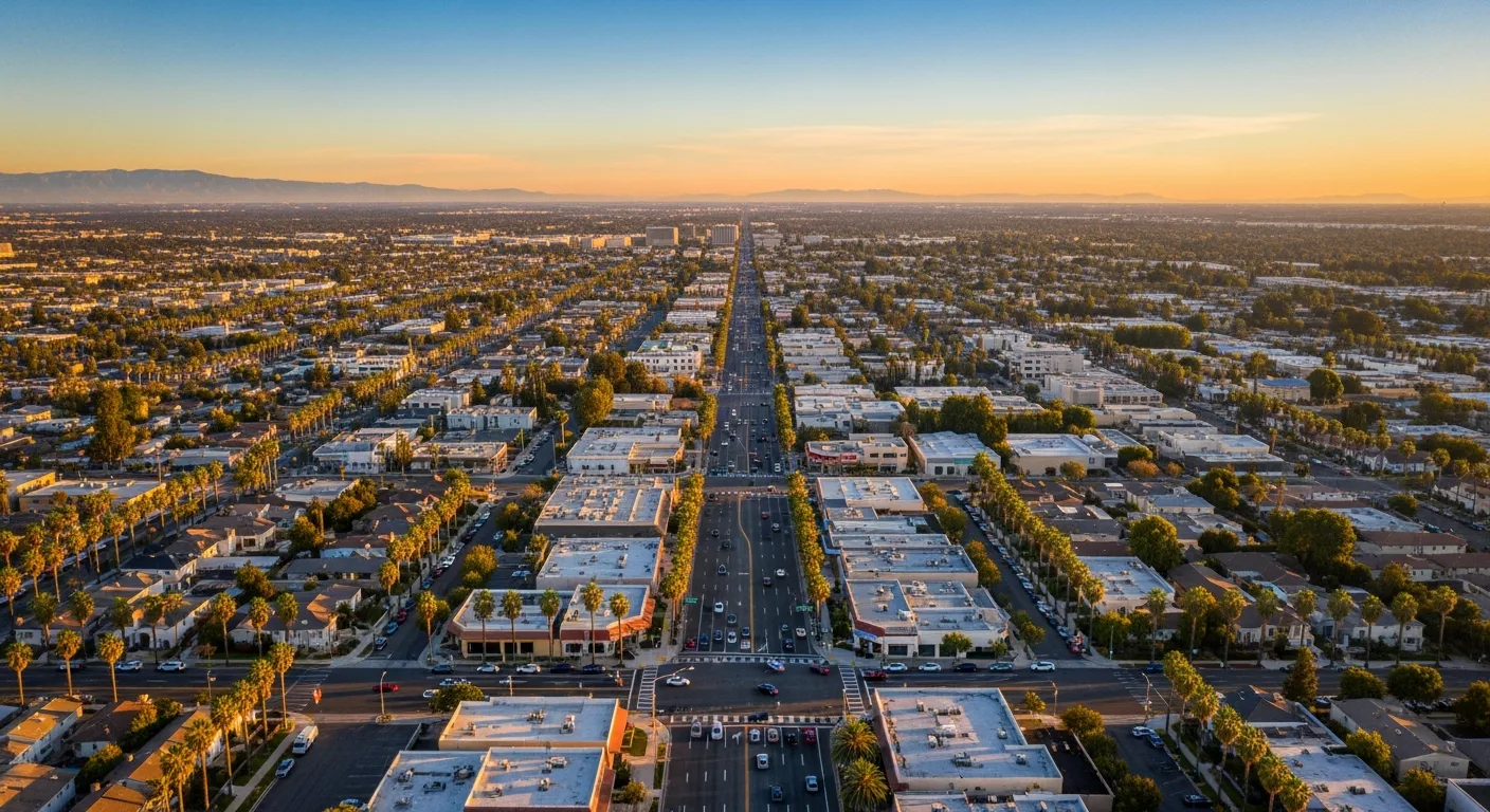 Scenic view of Garden Grove California with palm trees and blue sky